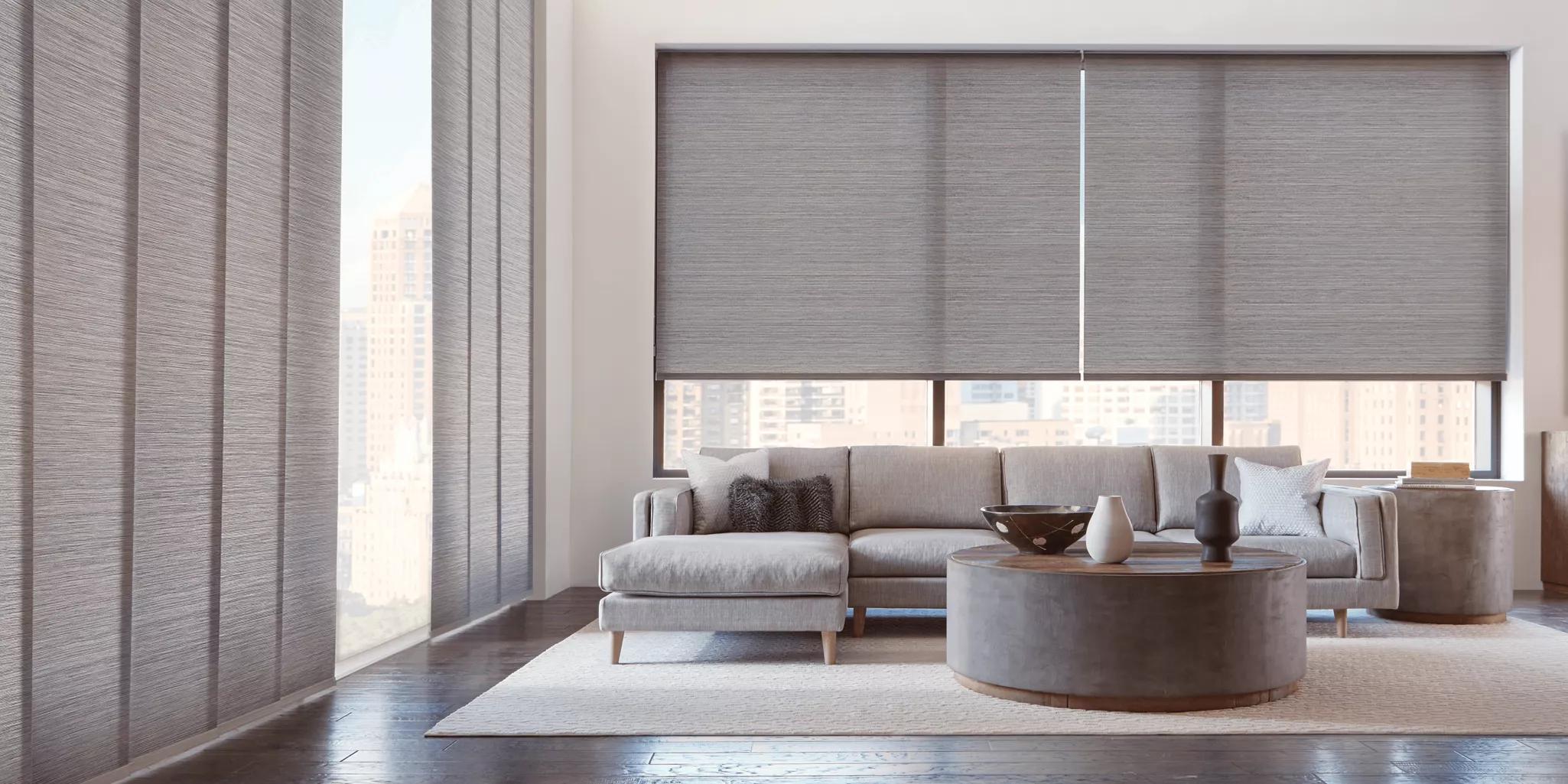 Modern living room with elegant roller shades