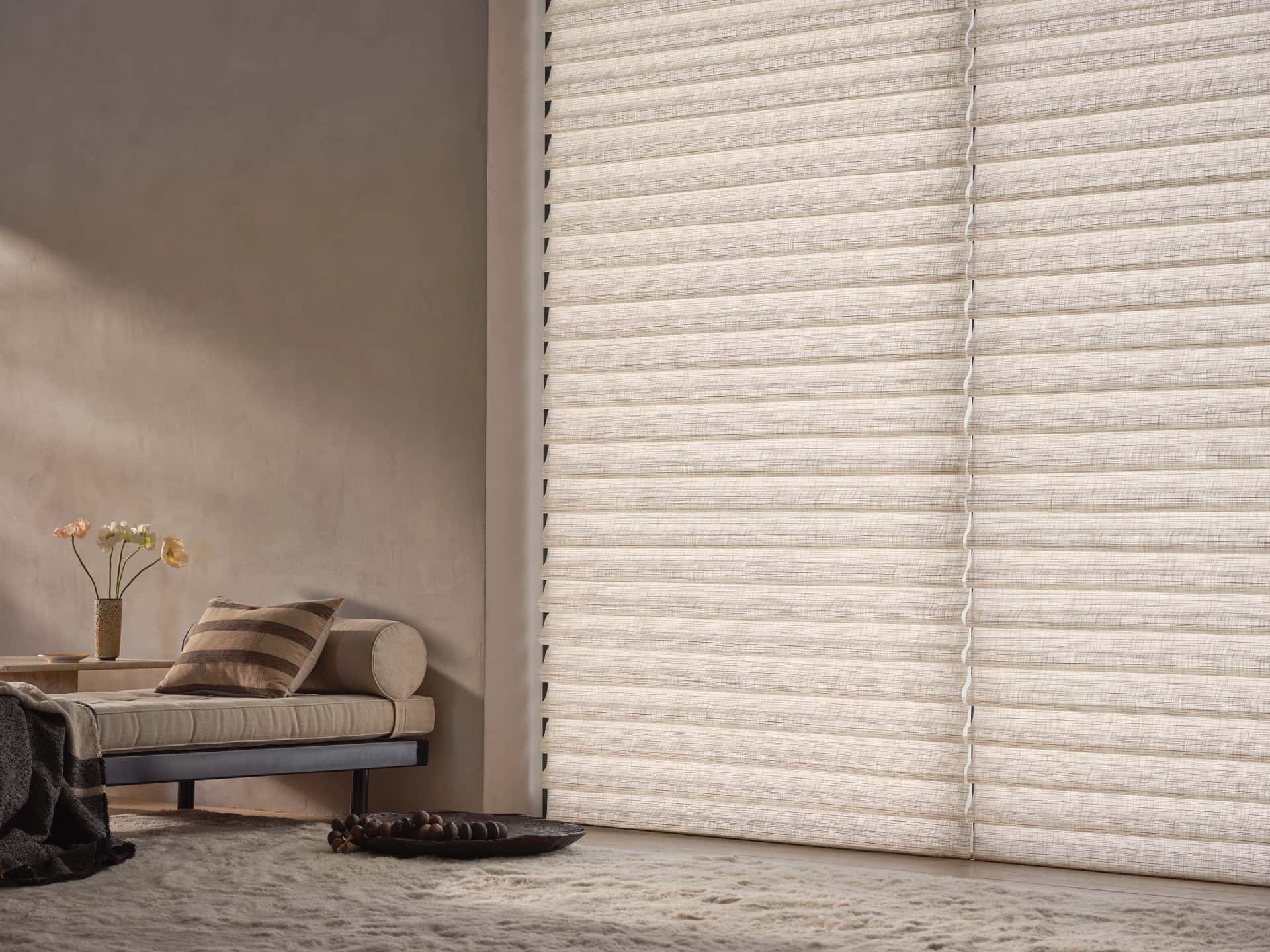Vignette modern roman shades in warm minimal room